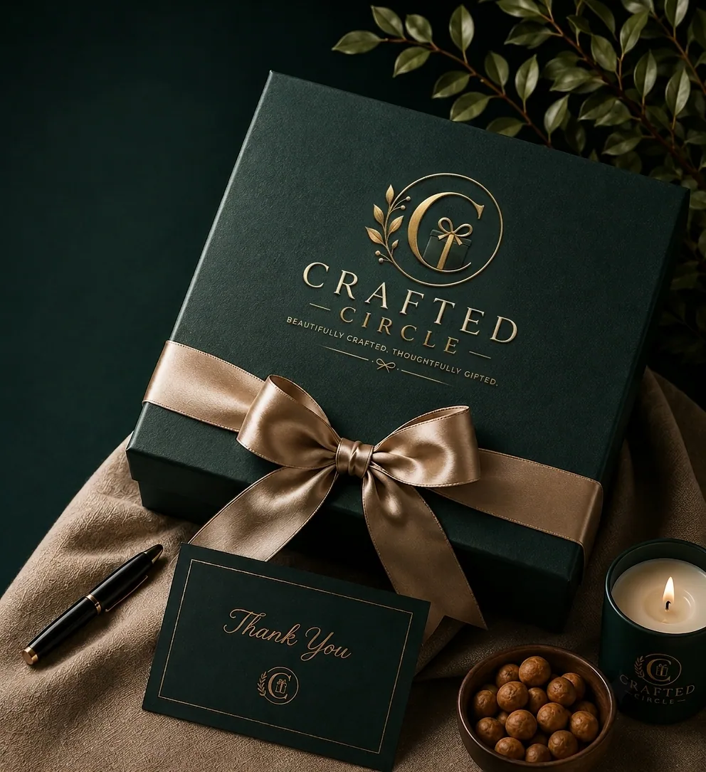The Crafted Circle box in green board, gold mark on the lid, tied with satin, a thank-you card beside it.